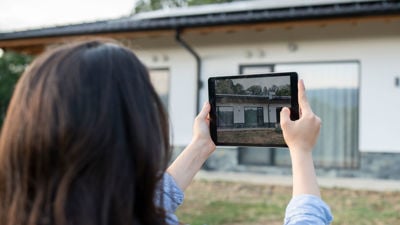 Taking Photo Of Home Exterior On Tablet 
