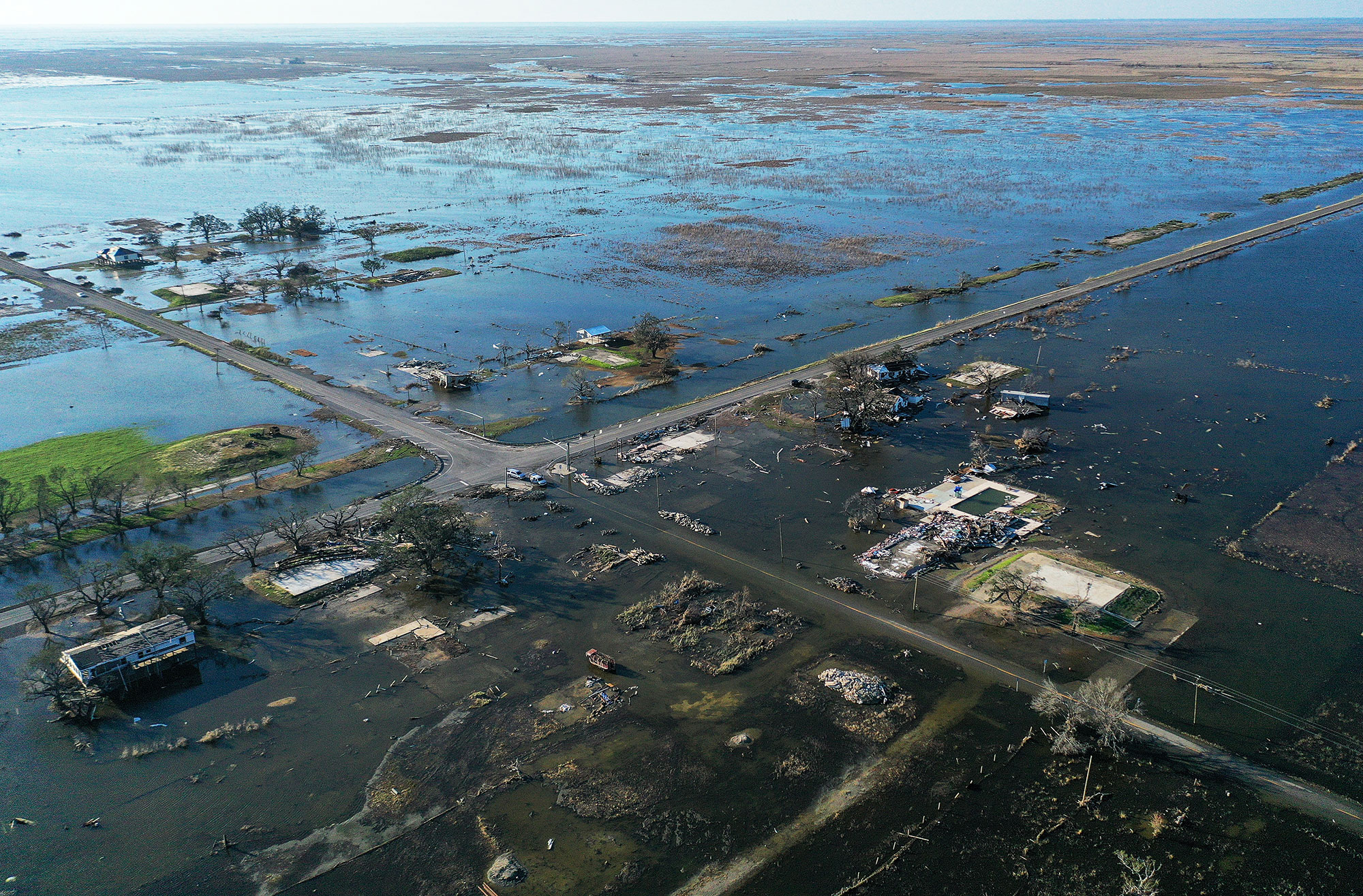 Aerial Nighborhood Devastated By Floodwaters 