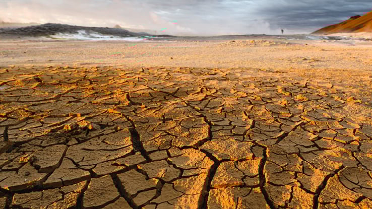 Close up view of cracked, arid, orange-colored soil