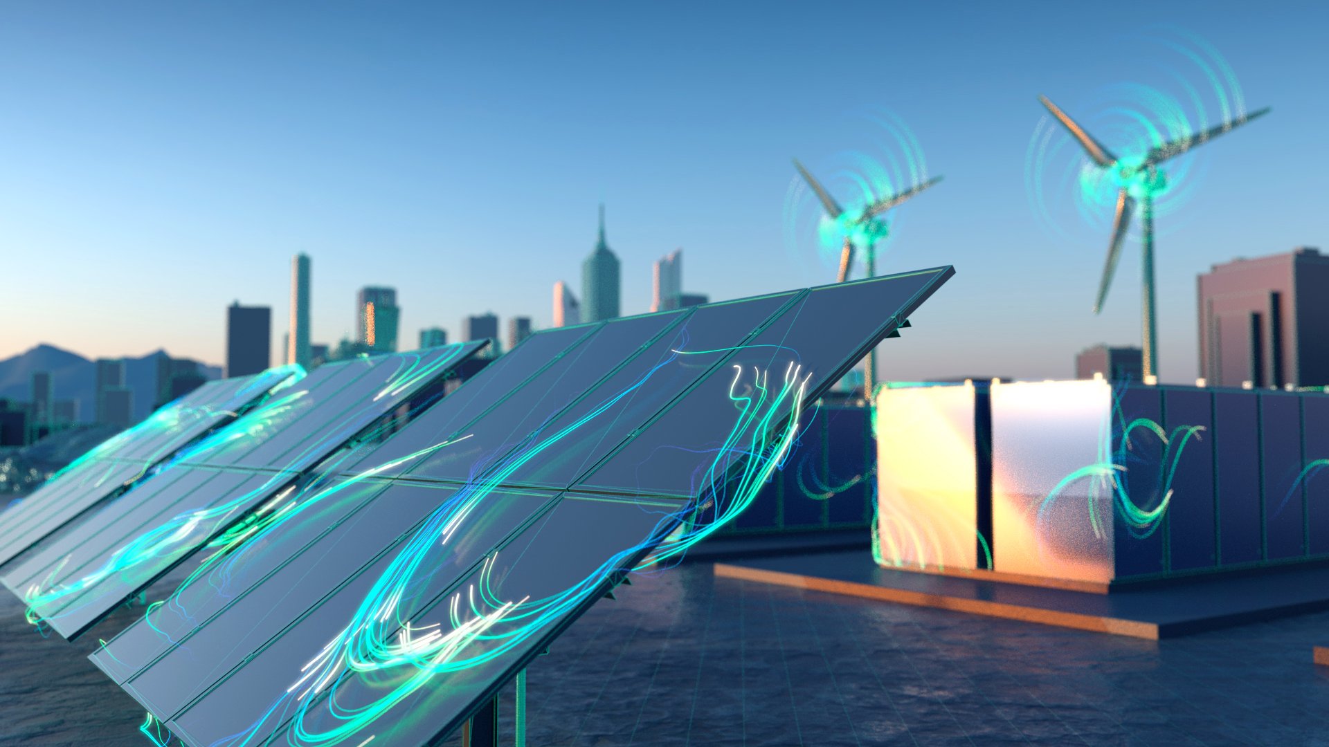 Solar panels and wind turbines with city in background