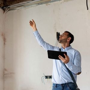 Man Pointing To Ceiling Repairs With Tablet In Hand 