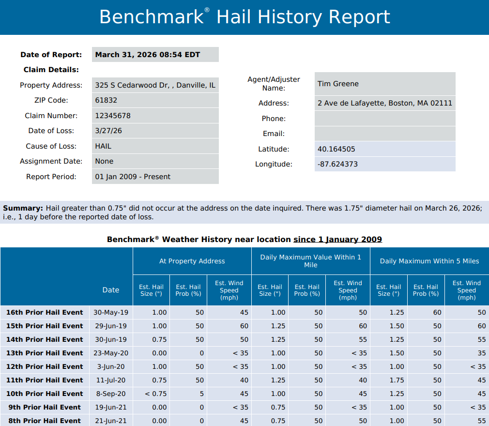 Benchmark Hail History Report example