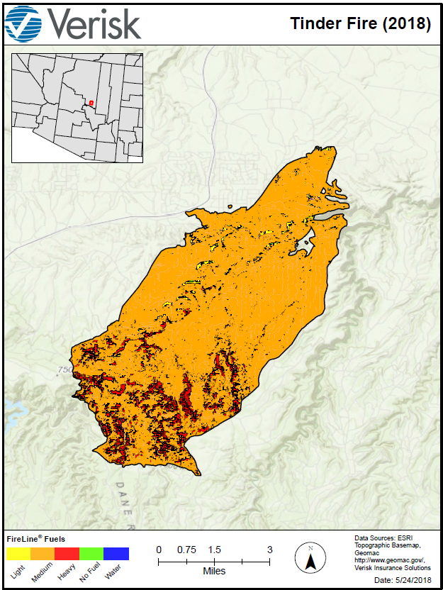Verisk FireLine analysis of the Tinder Fire Fireline Tinder Fire map