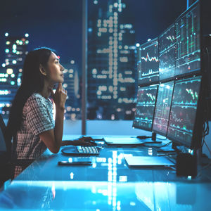 Woman Reviewing 6 Monitors Of Data 