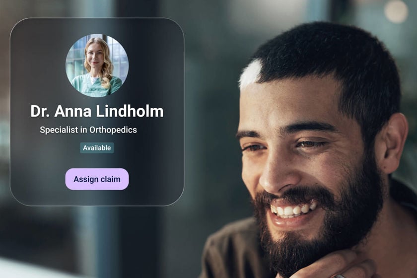 Mavera DSS interface showing a medical specialist card for Dr. Anna Lindholm, Specialist in Orthopedics, marked as available, with a button to assign the claim.