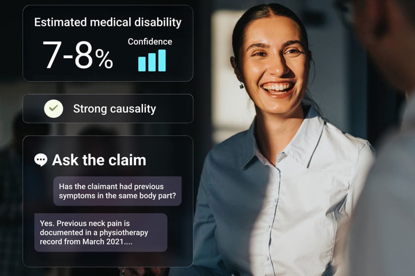 Mavera DSS Insights preview showing an estimated medical disability of 7–8% with a confidence indicator and a strong causality result, alongside an “Ask the claim” panel answering whether the claimant had previous symptoms in the same body part, citing a March 2021 physiotherapy record.