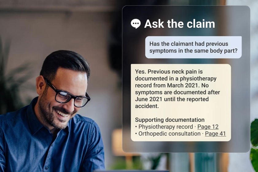 Mavera DSS “Ask the claim” feature showing a claims handler’s question about whether the claimant had previous symptoms in the same body part, an AI-generated answer citing a March 2021 physiotherapy record, and links to the supporting documentation on pages 12 and 41.