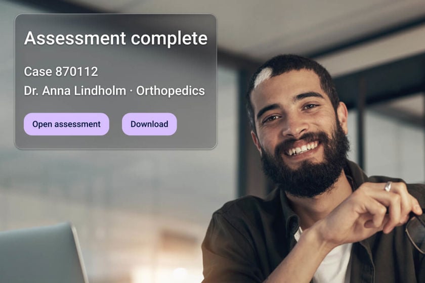 Mavera DSS interface showing a completed assessment for case 870112 by Dr. Anna Lindholm, Orthopedics, with options to open the assessment or download it.