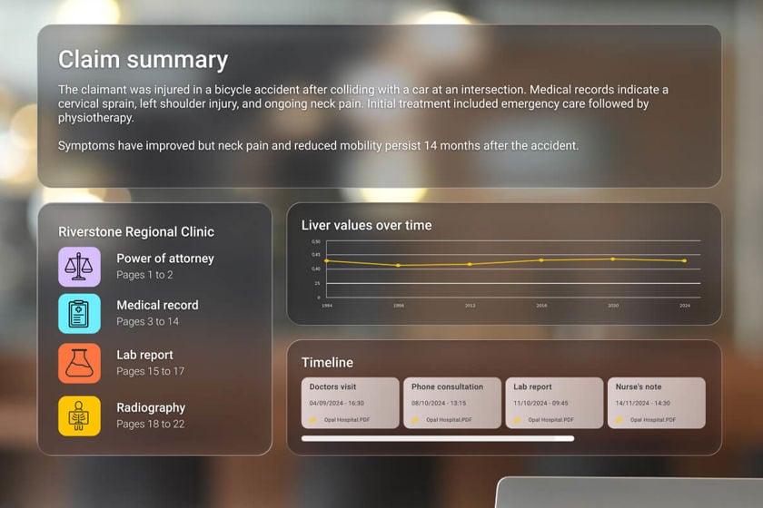 Mavera DSS interface showing structured views of a claim, including an AI-generated medical summary, a chronological timeline of medical events with links to source documents, health insight graphs, and an automatically categorized document library.