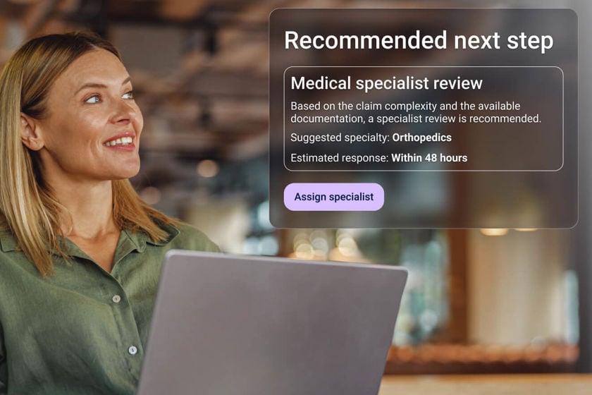 Mavera DSS showing a recommended next step for a claim: a medical specialist review based on claim complexity and available documentation, with a suggested specialty of orthopedics, an estimated response within 48 hours, and a button to assign the specialist.
