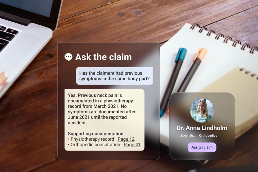 Mavera DSS “Ask the claim” feature showing a claims handler’s question about whether the claimant had previous symptoms in the same body part, an AI-generated answer citing a March 2021 physiotherapy record, links to the supporting documentation, and a suggested orthopaedic specialist to assign the claim to.