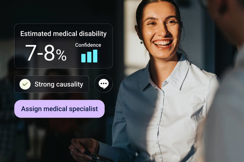 Mavera DSS interface showing an AI-generated medical assessment card with an estimated medical disability of 7–8%, a confidence indicator, a strong causality result, and a button to assign a medical specialist.