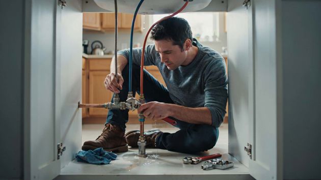 Man Fixing Pipe Under Sink In Home 