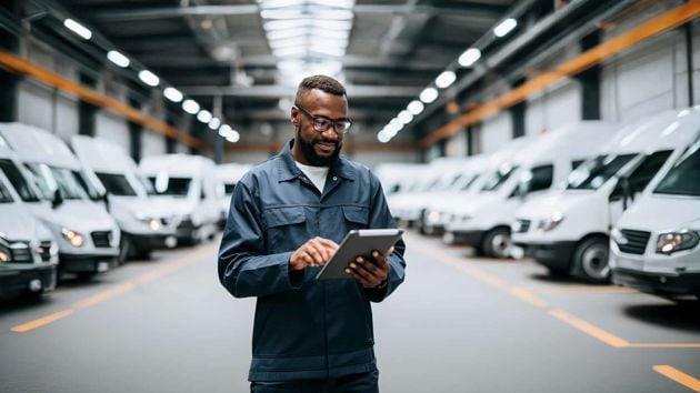 Worker Managing Fleet Logistics Using Digital Tablet 
