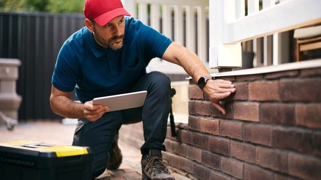 Man Inspecting Brick Wall In Progress 