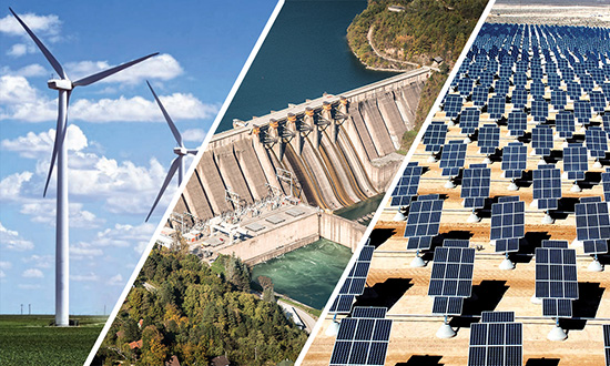 Three-panel photo collage showing wind turbines, a hydropower dam, and a field of solar panels