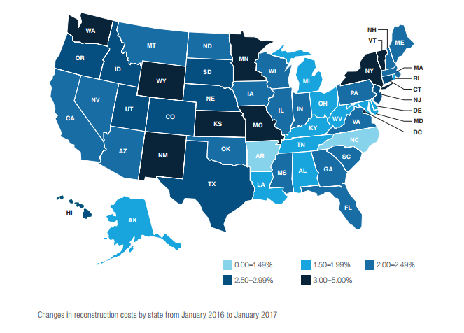 USA: Changes in reconstruction costs by state