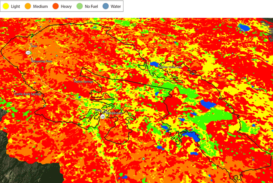 Map of California's 2015 Valley Fire shows fuels analyzed in FireLine.