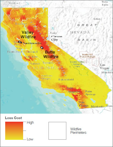 FireLine Valley and Butte Fires, California map areas of high loss cost