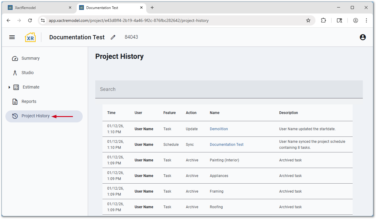 XactRestoreProjectHistory