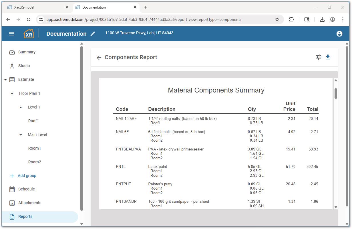 XRComponentReportMaterials